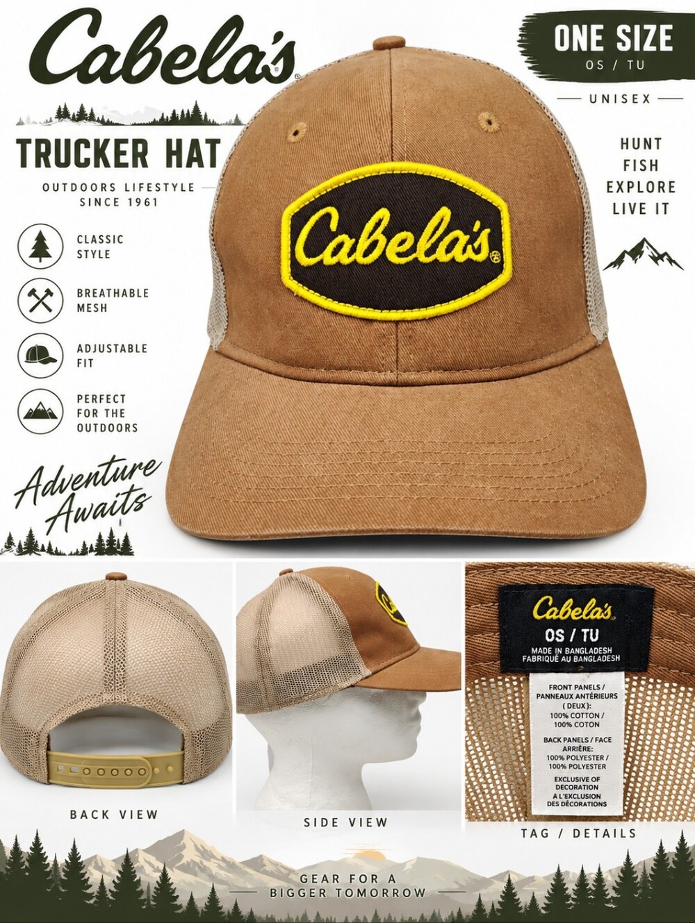 Cabela’s Brown Trucker Hat Mesh Snapback Outdoor Cap – One Size